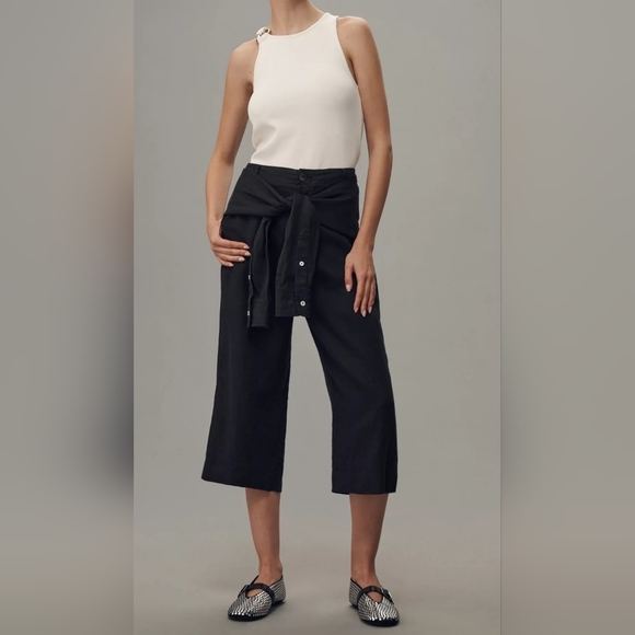 By Anthropologie Women's Linen Shirt-Tie Capri Pants, Black - Picture 2 of 13